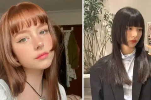 Dos mujeres con corte de pelo hime cut. Una tiene el pelo castaño rojizo y la otra, negro azabache.