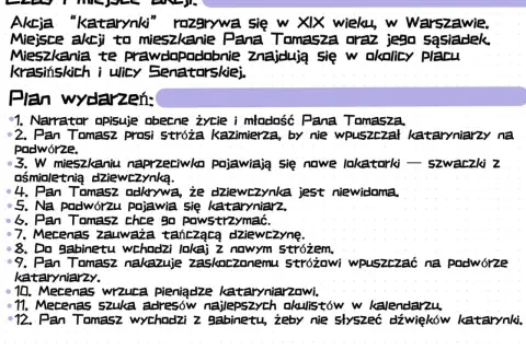 Katarynka streszczenie: XIX-wieczna Warszawa, mieszkanie Pana Tomasza. Plan wydarzeń obejmuje przybycie nowych lokatorek i niewidomej dziewczynki, a także pojawienie się kataryniarzy.