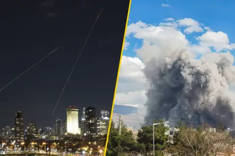 Prawda o kulisach ataku na Iran i przygotowaniach polskiego rządu na czarny scenariusz. Nocne niebo nad miastem rozświetlone smugami rakiet, obok kłęby dymu po eksplozji.