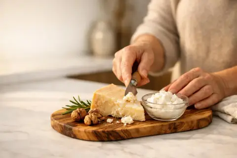 Mani che tagliano parmigiano su tagliere con noci e rosmarino. Un aiuto per chi soffre di artrosi.