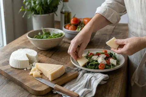 Mani aggiungono cubetti di formaggio a un'insalata fresca. Sul tagliere, un tomino e un pezzo di parmigiano, ingredienti perfetti per un piatto gustoso e con moderato colesterolo.