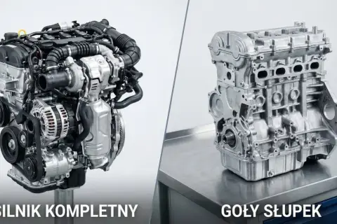 Kompletny silnik 2.0 TDI z turbosprężarką i osprzętem obok gołego bloku silnika.