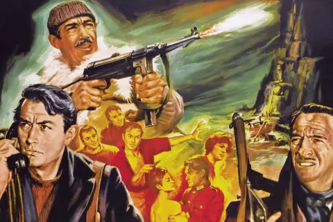 Działa navarony obsada: Gregory Peck na telefonie, mężczyzna strzela z karabinu, a w tle statek i klif.
