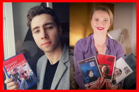 Dwie osoby trzymające książkę i filmy Krzysztofa Kieślowskiego.