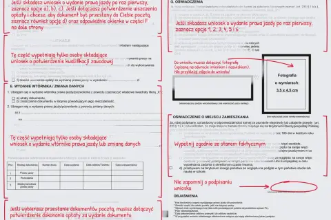 Wniosek o wydanie prawa jazdy: wypełnij sekcje dotyczące danych, kwalifikacji i opłat. Pamiętaj o dołączeniu fotografii.