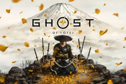 Samuraj w tradycyjnym stroju, otoczony mieczami, na tle gór i spadających liści. Zapowiedź Ghost of Tsushima 2.