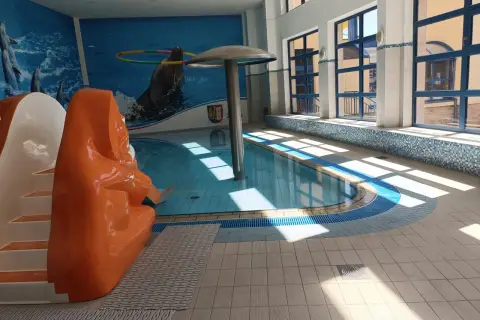 Wnętrze basenu z pomarańczową zjeżdżalnią, muralem z delfinami i dużymi oknami.