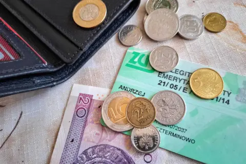 Portfel, polskie monety i banknot 20 zł na zielonej legitymacji emerytalnej. Dlaczego KO poparła reformę renty wdowiej mimo obaw o budżet?