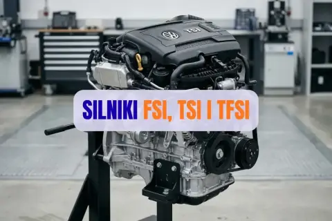 Silnik samochodowy na stojaku, z napisem "SILNIKI FSI, TSI I TFSI".