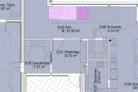 Plan architektoniczny z zaznaczonymi pomieszczeniami: hol, garderoba, spiżarnia, kuchnia. Widać różnice między powierzchnią zabudowy a użytkową.