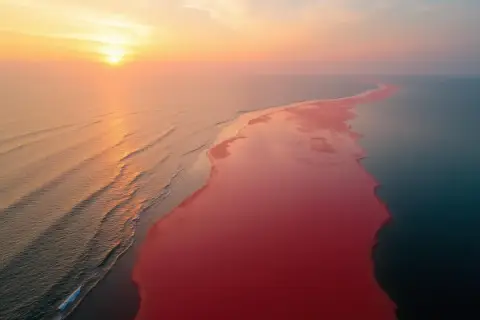 Zachód słońca nad oceanem, gdzie woda przybiera intensywnie różowy kolor. Tak wyglądają sinice, tworząc niezwykły krajobraz.