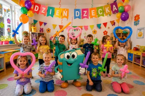 Dzieci z balonami w kształcie mieczy i serc, z maskotką książki, na tle dekoracji "Dzień Dziecka".