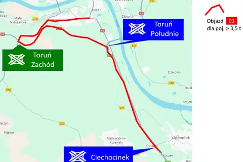 Mapa drogowa z zaznaczonymi objazdami Toruń Zachód i Toruń Południe, prowadzącymi do Aleksandrów Kujawski i Ciechocinek.