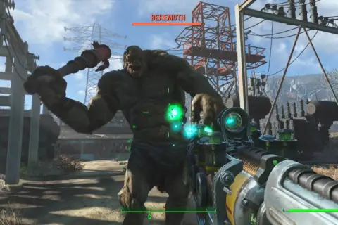 Gracz celuje w Behemota z pistoletu w Fallout 4. Gra wymaga odpowiedniego sprzętu, by poradzić sobie z takimi potworami.