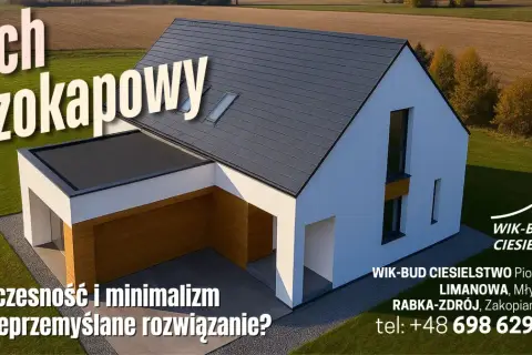 Nowoczesny dom z dachem bezokapowym, podkreślający minimalizm i innowacyjną konstrukcję.