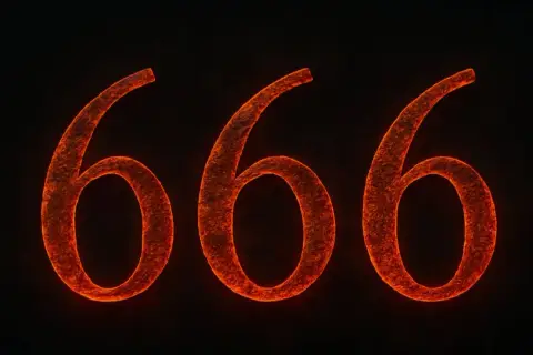 Pomarańczowe, żarzące się cyfry 666 na czarnym tle.