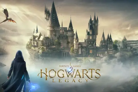 Magiczny zamek Hogwart, smok i postać z różdżką. Okładka gry Hogwarts Legacy na Xbox One.