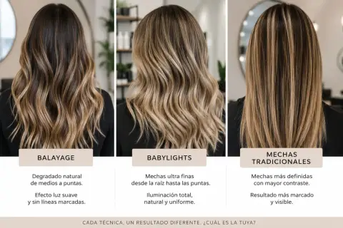 Cabello con babylights, mechas ultra finas desde la raíz para una iluminación natural y uniforme.