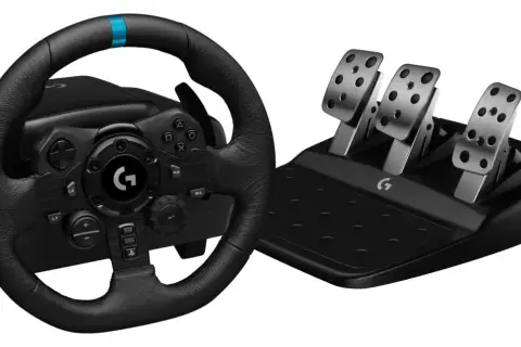 Profesjonalna kierownica Logitech G z metalowymi pedałami, idealna do tworzenia własnego rankingu kierownic do PC.