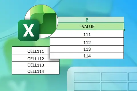 Logo Excel i arkusz kalkulacyjny z danymi. W komórce B2 formuła =VALUE, poniżej liczby 111-114. Obok dane CELL111-CELL114.