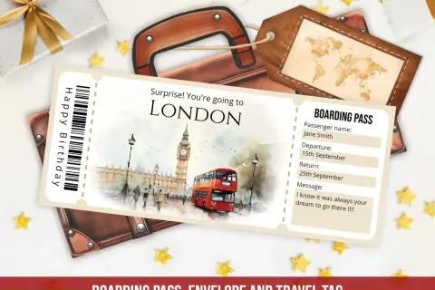 Karta pokładowa z napisem "Surprise! You're going to LONDON" i widokiem na czerwony autobus i Big Ben. Obok prezent i brązowa metka podróżna.