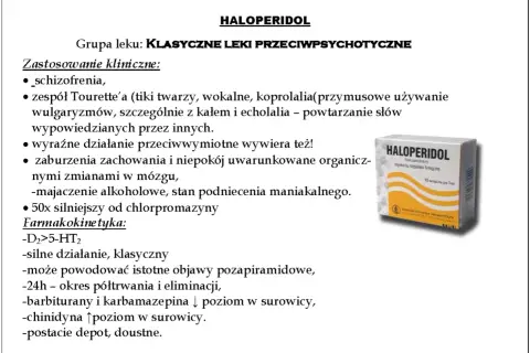 Opis leku **haloperidol**, klasycznego leku przeciwpsychotycznego, stosowanego m.in. w schizofrenii i zespole Tourette'a. Widoczna paczka leku.