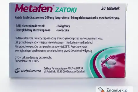 Opakowanie leku Metafen Zatoki, zawierającego pseudoefedrynę, na ból i niedrożność zatok, obrzęk błony śluzowej nosa, ból głowy i gorączkę. 20 tabletek.