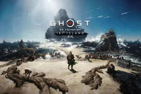 Samuraj w zbroi stoi na plaży, otoczony przez stado małp. W tle widać skaliste wybrzeże i logo gry "Ghost of Tsushima: Iki Island".
