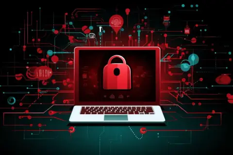 Laptop z czerwonym symbolem kłódki na ekranie, otoczony cyfrowym, futurystycznym obwodem. To wizualizacja bezpieczeństwa danych i ochrony przed cyberatakami.