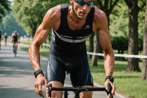 Intensywnie ćwiczący triathlonista na rowerze, z widocznymi mięśniami i spoconym ciałem.