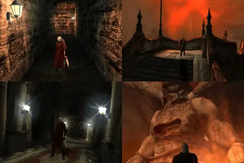 Dante w czerwonym płaszczu przemierza mroczne korytarze i staje przed gigantycznym posągiem w świecie Devil May Cry 1.