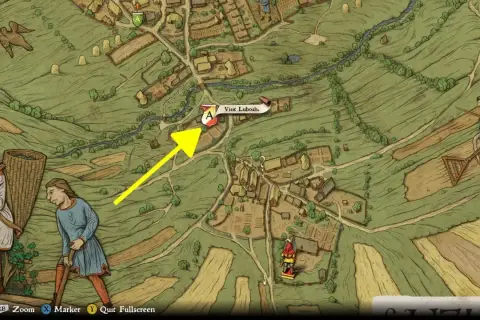 Mapa Kingdom Come: Deliverance. Strzałka wskazuje drogę do odwiedzenia Lubosza w Przybysławicach.