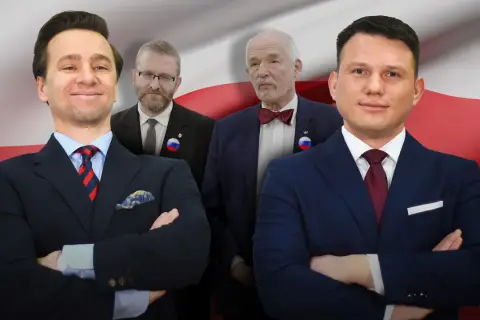 Konfederacja: prawdziwe powody dla których sprzeciwia się unijnemu systemowi kaucyjnemu. Politycy w garniturach na tle flagi Polski.