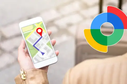 Szukam drogi, gdzie jest mój telefon? Na ekranie smartfona mapa z zaznaczoną trasą i ikoną lokalizacji. Obok kolorowe logo.