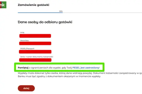 Formularz zamówienia gotówki. Pole na PESEL/Paszport. Pamiętaj o ograniczeniach dla wypłat, gdy Twój PESEL jest zastrzeżony!