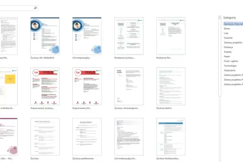 Kolekcja szablonów życiorysów i listów motywacyjnych. Znajdziesz tu różne style, od klasycznych po kreatywne, idealne do stworzenia profesjonalnego CV.