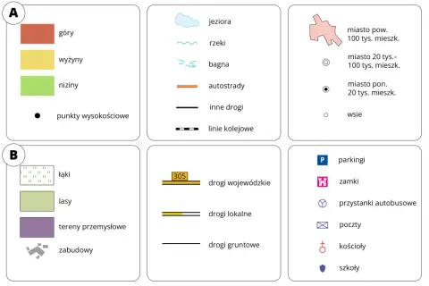 Oznaczenia na mapie zasadniczej: kolory gór, wyżyn, nizin, łąk, lasów, terenów przemysłowych, zabudowy, a także symbole dróg, miast, wsi i innych obiektów.