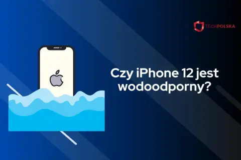Ilustracja iPhone'a 12 zanurzonego w wodzie z falą.