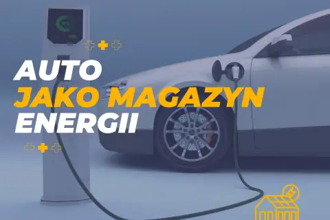 Biały samochód elektryczny podłączony do ładowarki. Napis "AUTO JAKO MAGAZYN ENERGII" sugeruje, że pojazd może służyć jako mobilne źródło zasilania.