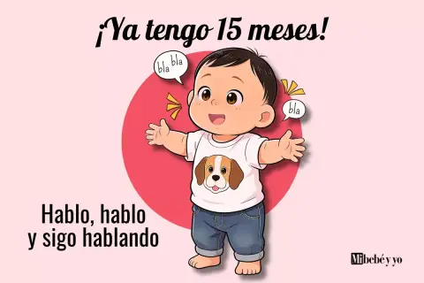 Un bebé de 15 meses, con camiseta de perro, dice "bla bla" y "hablo, hablo y sigo hablando".