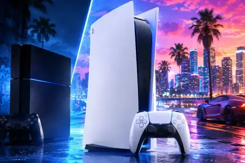 Konsola PS5 i PS4 na tle nocnego miasta. Czy GTA 6 będzie na PS4? Pytanie wisi w powietrzu, jak neonowe światła.