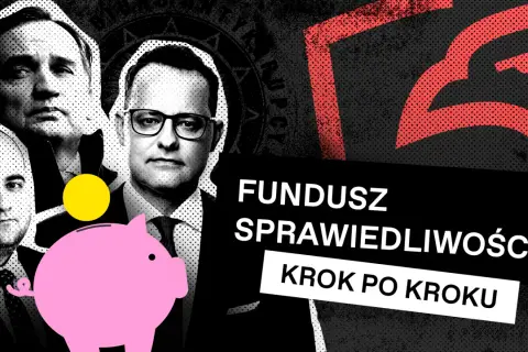 Posłowie chcą obniżyć wydatki na Fundusz Sprawiedliwości o 280 mln zł. Na grafice widać polityków i skarbonkę.