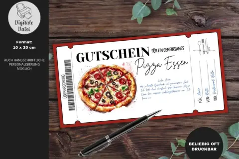 Voucher na pizzę z napisem "Gutschein für ein gemeinsames Pizza Essen". Idealny na prezent.