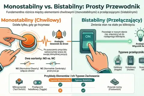 Wyłącznik zwierny zasada działania: monostabilny działa chwilowo (dzwonek), bistabilny zmienia stan na stałe (światło).