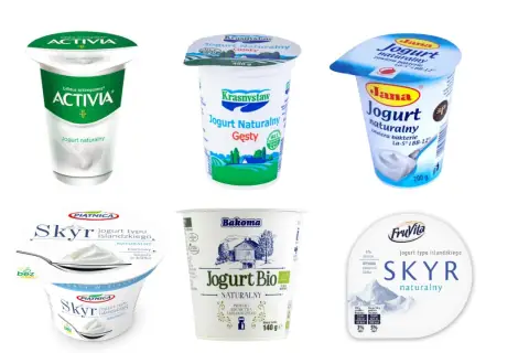 Kilka opakowań jogurtu naturalnego, idealnego na noc: Activia, Krasnystaw, Jana, Piątnica Skry, Bakoma Jogurt Bio, FruVita Skry.