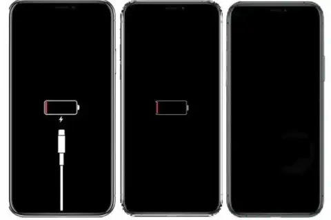 Trzy iPhone'y z czarnymi ekranami. Pierwszy pokazuje ikonę baterii z kablem, drugi pustą baterię, trzeci czarny ekran. Wskazuje na potrzebę wymiany baterii iPhone 13 Pro.