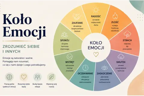 Koło Emocji: szczegółowa interpretacja uczuć od radości po smutek, pomagająca zrozumieć siebie i innych.