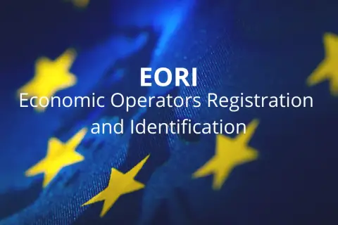 EORI: Rejestracja i Identyfikacja Podmiotów Gospodarczych na tle flagi UE.