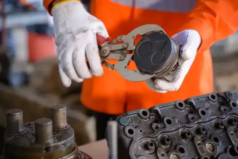 Mechanik w białych rękawiczkach używa specjalnego narzędzia, by zdjąć zapieczone pierścienie z tłoka silnika.