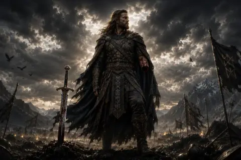 Tyr, dio della guerra, con la sua armatura scura e la spada insanguinata, domina un campo di battaglia desolato sotto un cielo tempestoso.